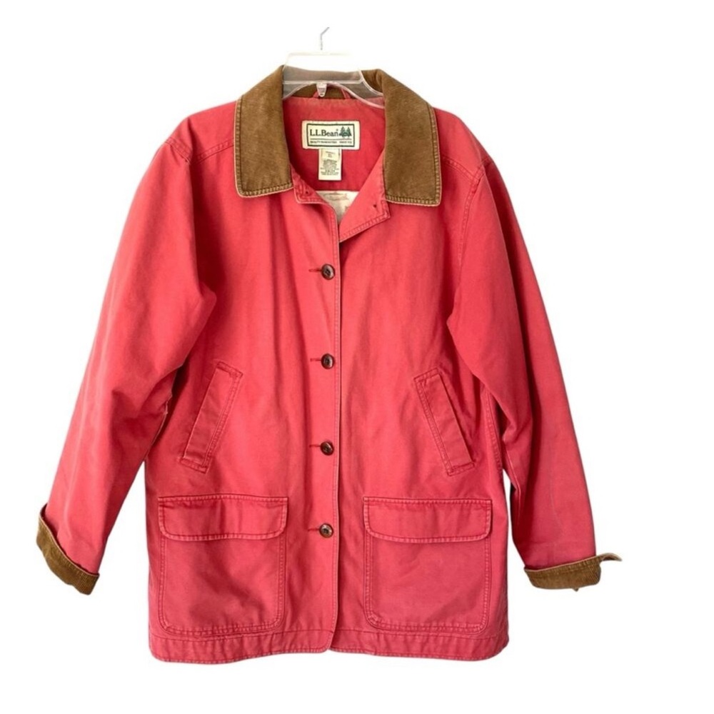 L.L. Bean Womens Light Red Barn Jacket with Brown Corduroy Trim & Flannel Lining